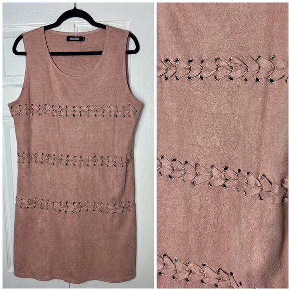 Missguided Mauve Pink Faux Suede Braided Lace Up Mini Shift Dress Size 12 Large - Picture 6 of 9